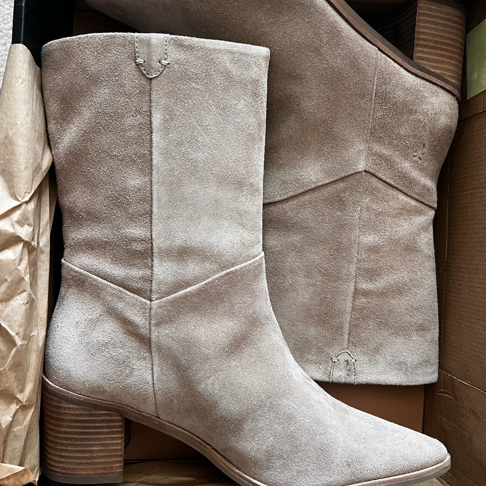 Frye Light Beige Suede Heeled Boots